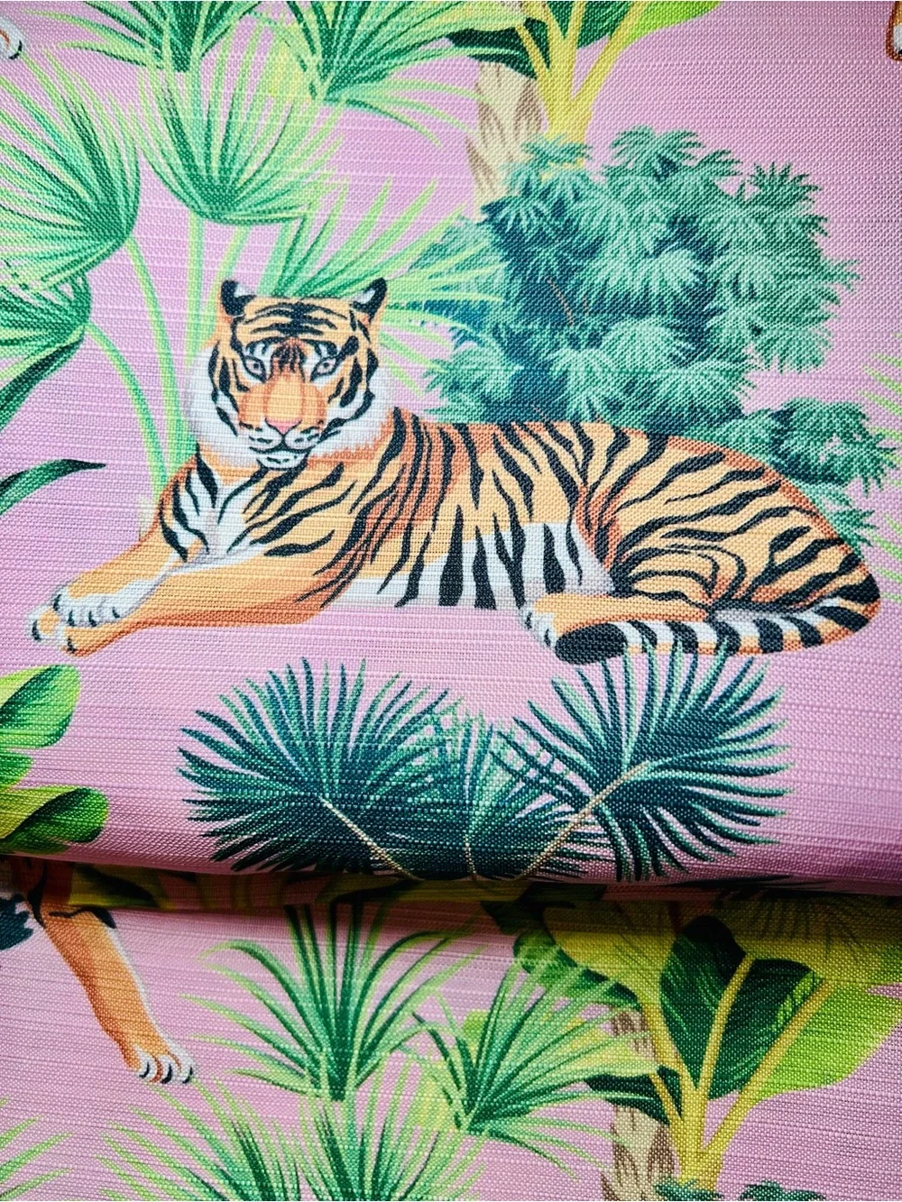 Tigers & Tropical Leaves Fabric Shower Curtain Tiger’s Life Pink & Green